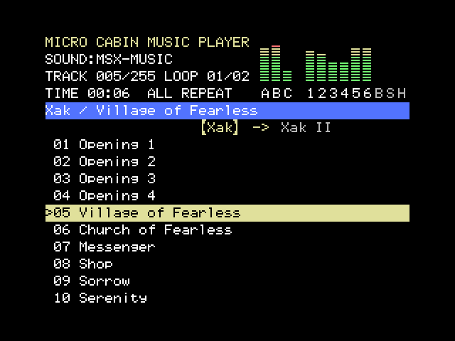The MCPLAYER song list playing Xak's Village of Fearless, with the level meters at the top right