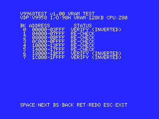 VRAM 試験の画面(openMSX の V9958 なので 128KB = 8 バンク)